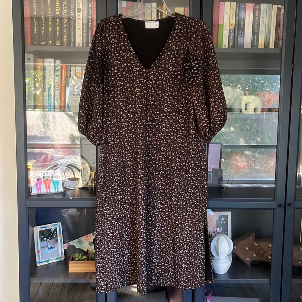 ASOS DESIGN oversized textured midi smock dress with v neck in dark floral